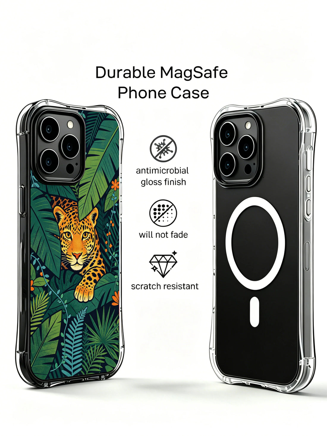 Green iPhone 13 Pro Case with leaf camouflage jaguar art
