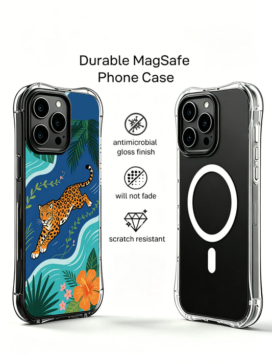Tropical iPhone 13 Pro Case with orange jaguar art and seaside jungle leaves
