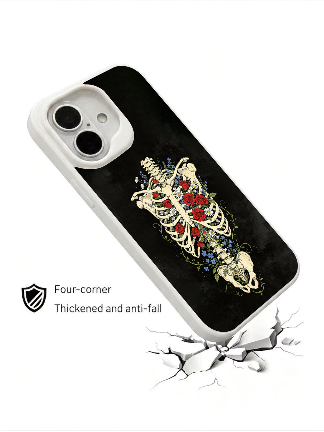 Life blooms amid bone iPhone 16 Case with gothic skeleton, mixed flowers, and symbolic dark floral art
