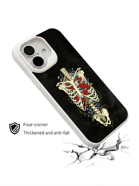 Life blooms amid bone iPhone 16 Case with gothic skeleton, mixed flowers, and symbolic dark floral art