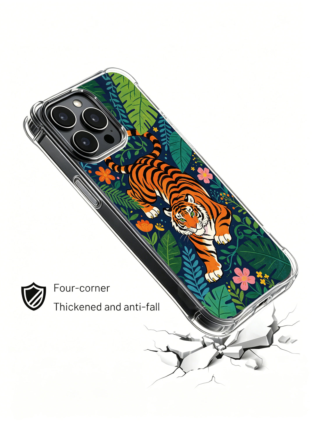 Floral jungle iPhone 13 Pro Case with guardian tiger art and hibiscus wreath
