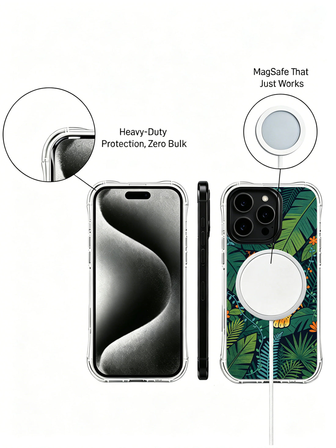 Focus iPhone 13 Pro Case with peeking leopard art and green canopy leaves