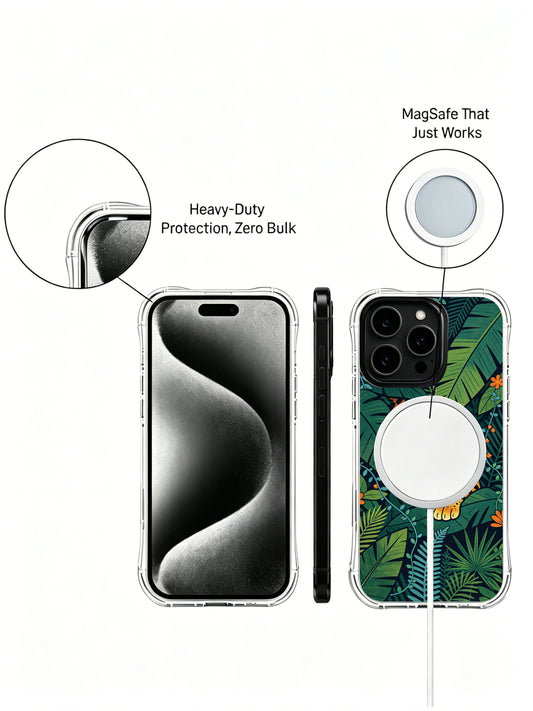 Focus iPhone 13 Pro Case with peeking leopard art and green canopy leaves