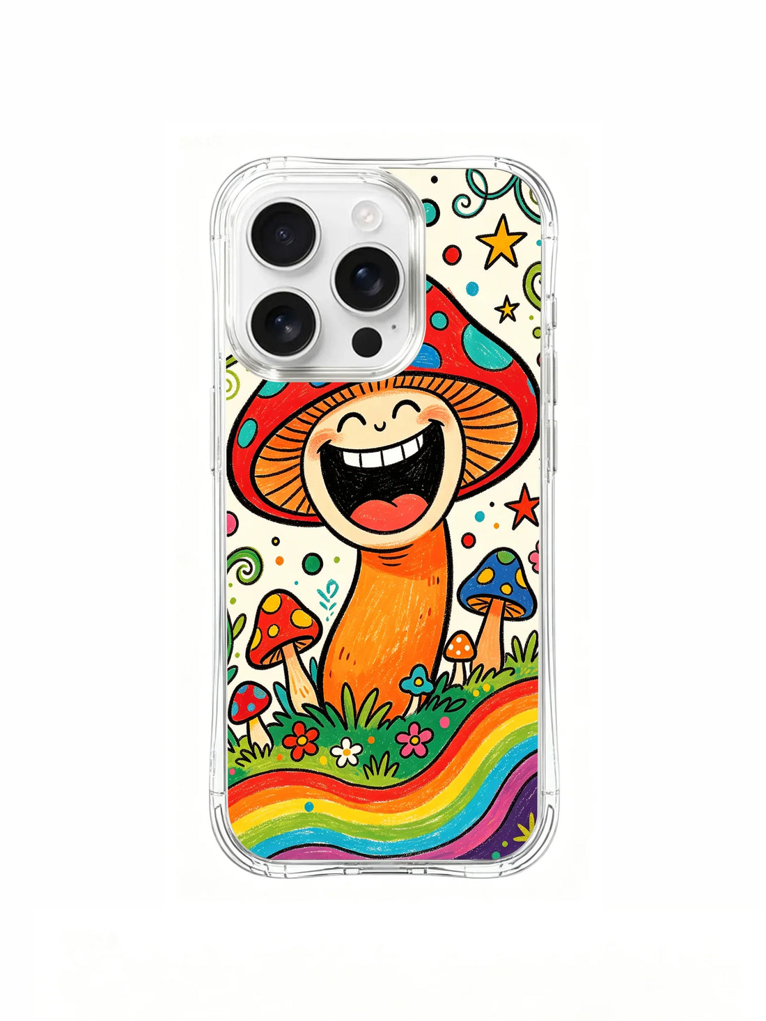 Clear iPhone 16 Pro Max case with a smiling orange mushroom, stars, flowers, and rainbow bands