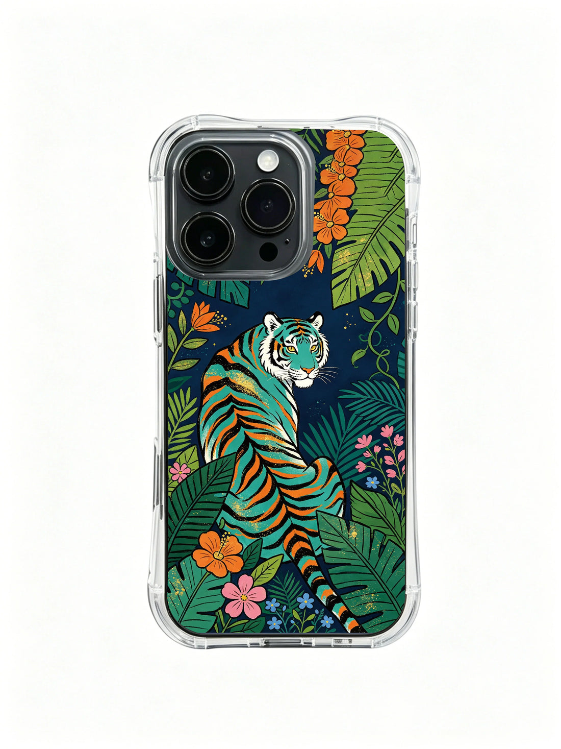 Tiger iPhone 13 Pro Case with midnight jungle art and teal blue wildlife
