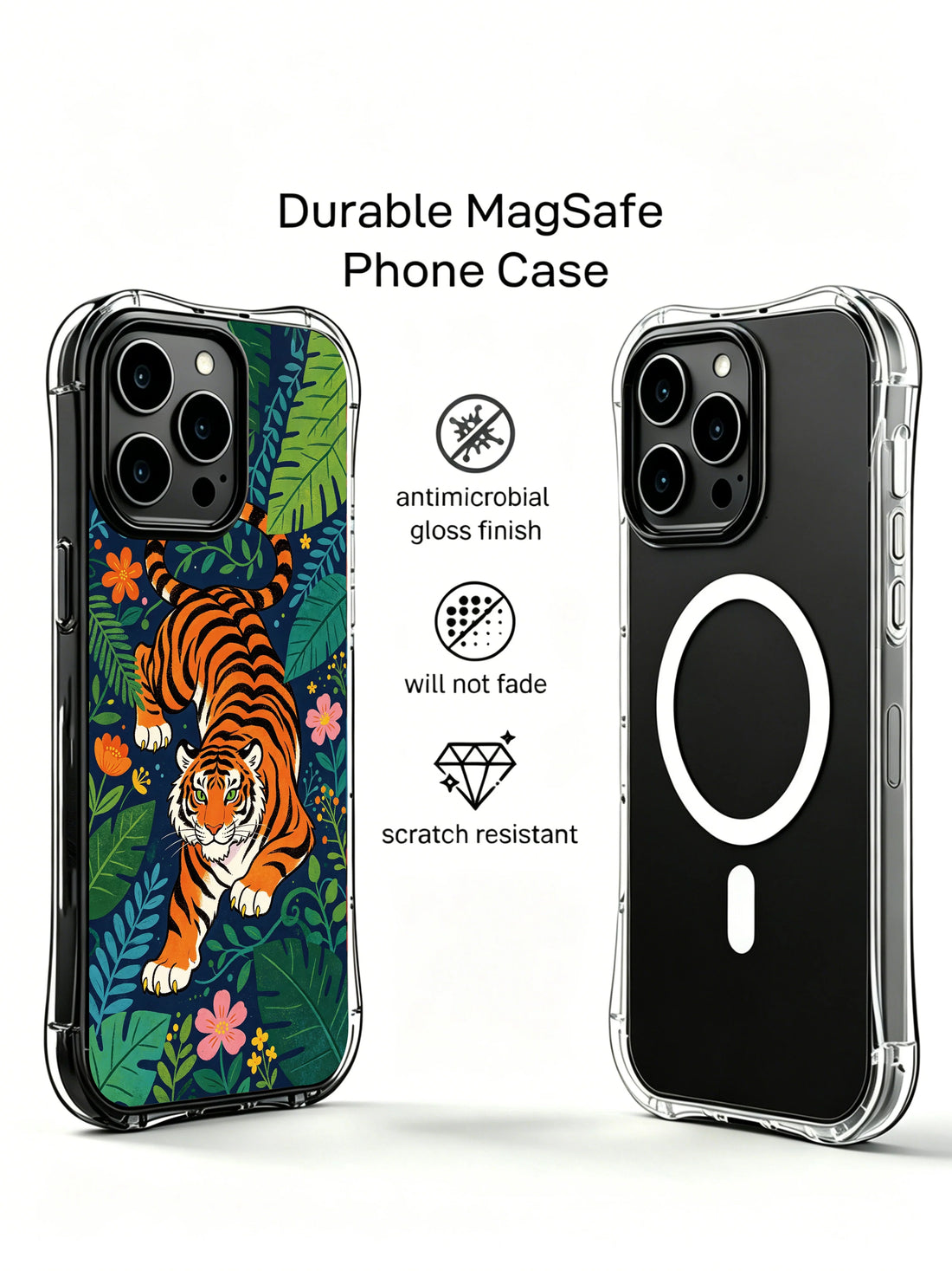 Tropical iPhone 13 Pro Case with orange striped tiger and navy foliage