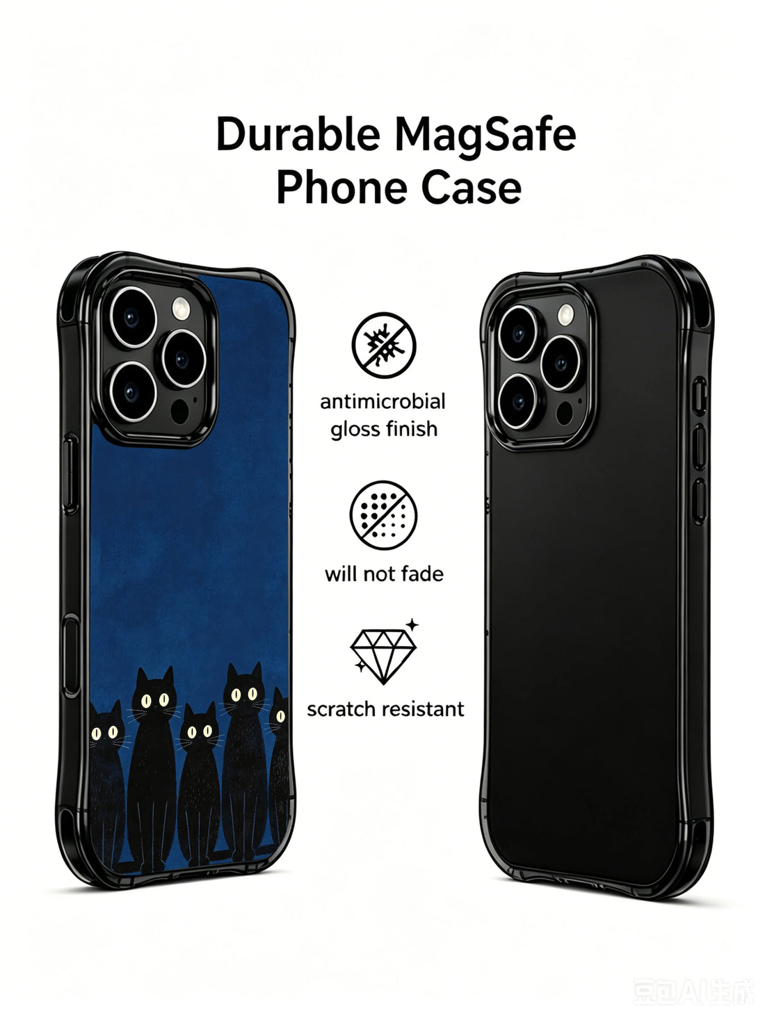 Moonlit black kittens iPhone 16 Pro Max Case with glowing eyes and mysterious night blue style