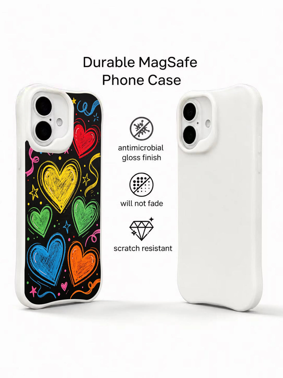 Cute iPhone 16 Plus Case with chalk heart doodles and neon rainbow color