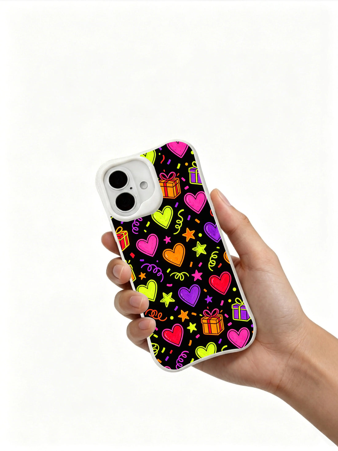 Neon joy burst iPhone 16 Plus Case with colorful heart pattern