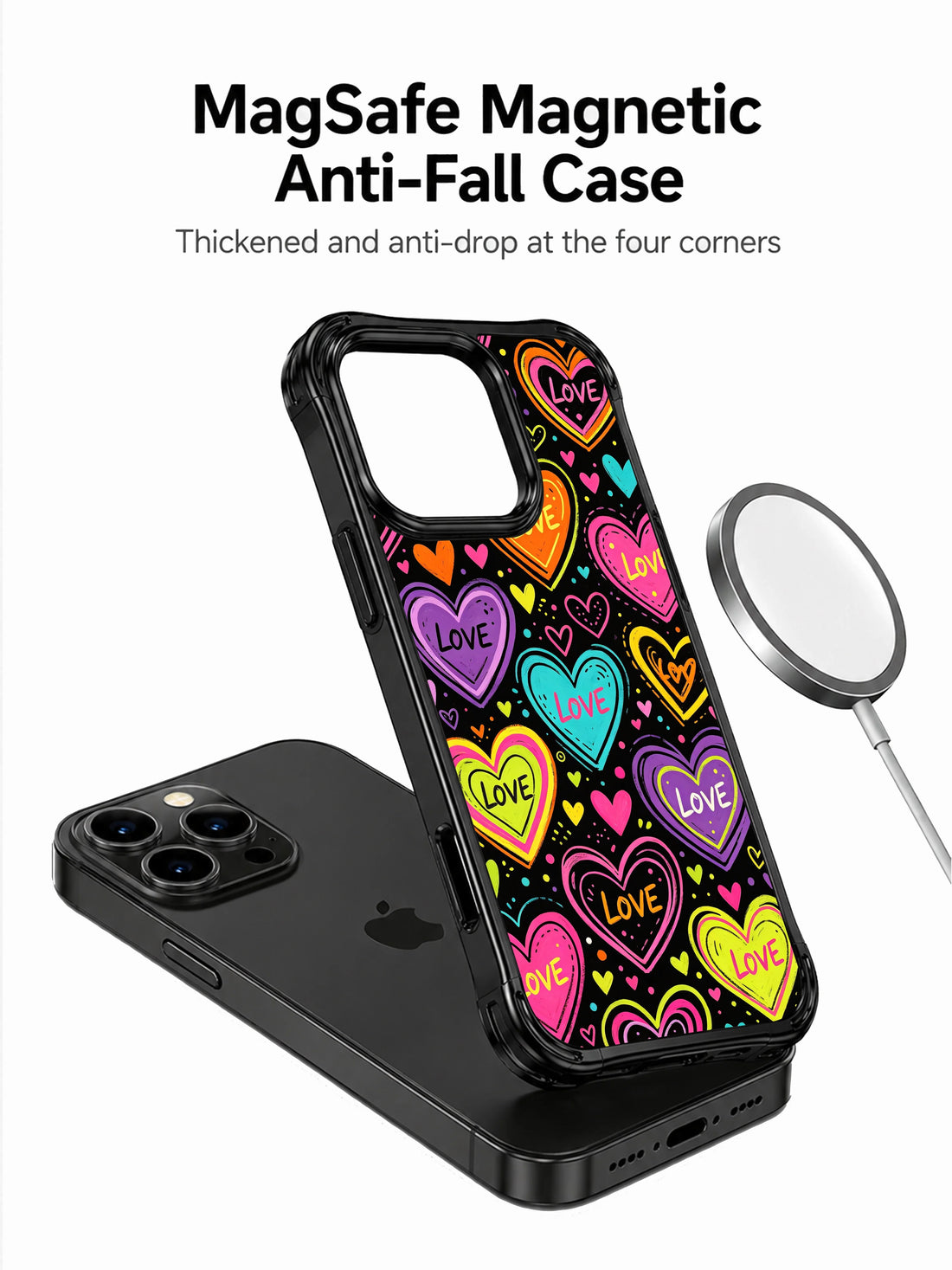 Neon rainbow heart iPhone 13 Pro Max Case with black doodle art