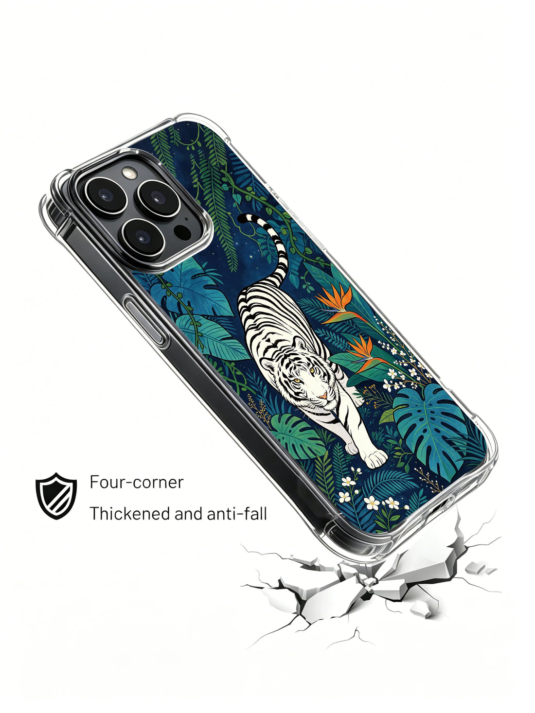 Botanical iPhone 13 Pro Case with white tiger jungle art and blue leaves