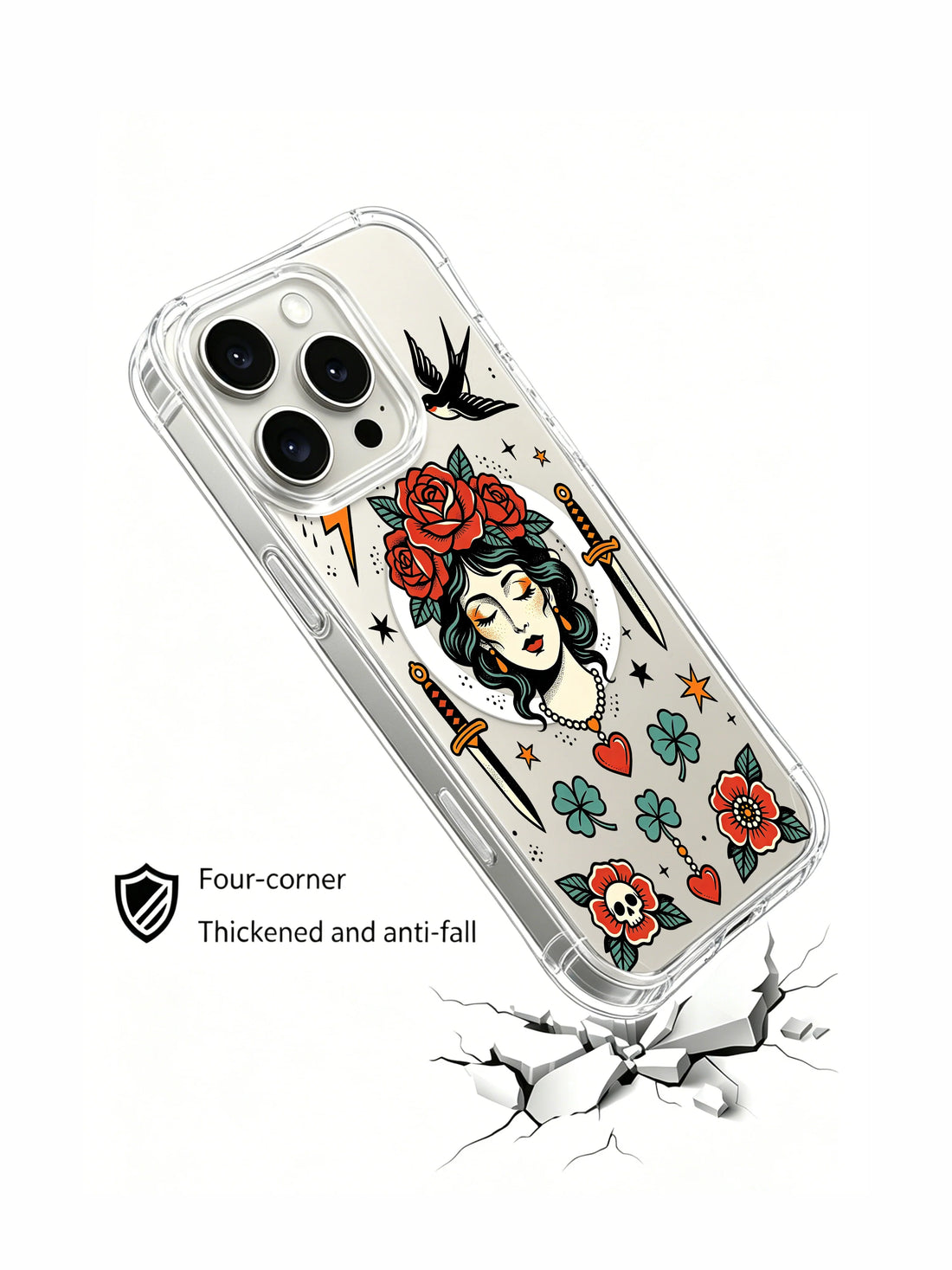 Dark floral iPhone 15 Pro Case with rose lady art