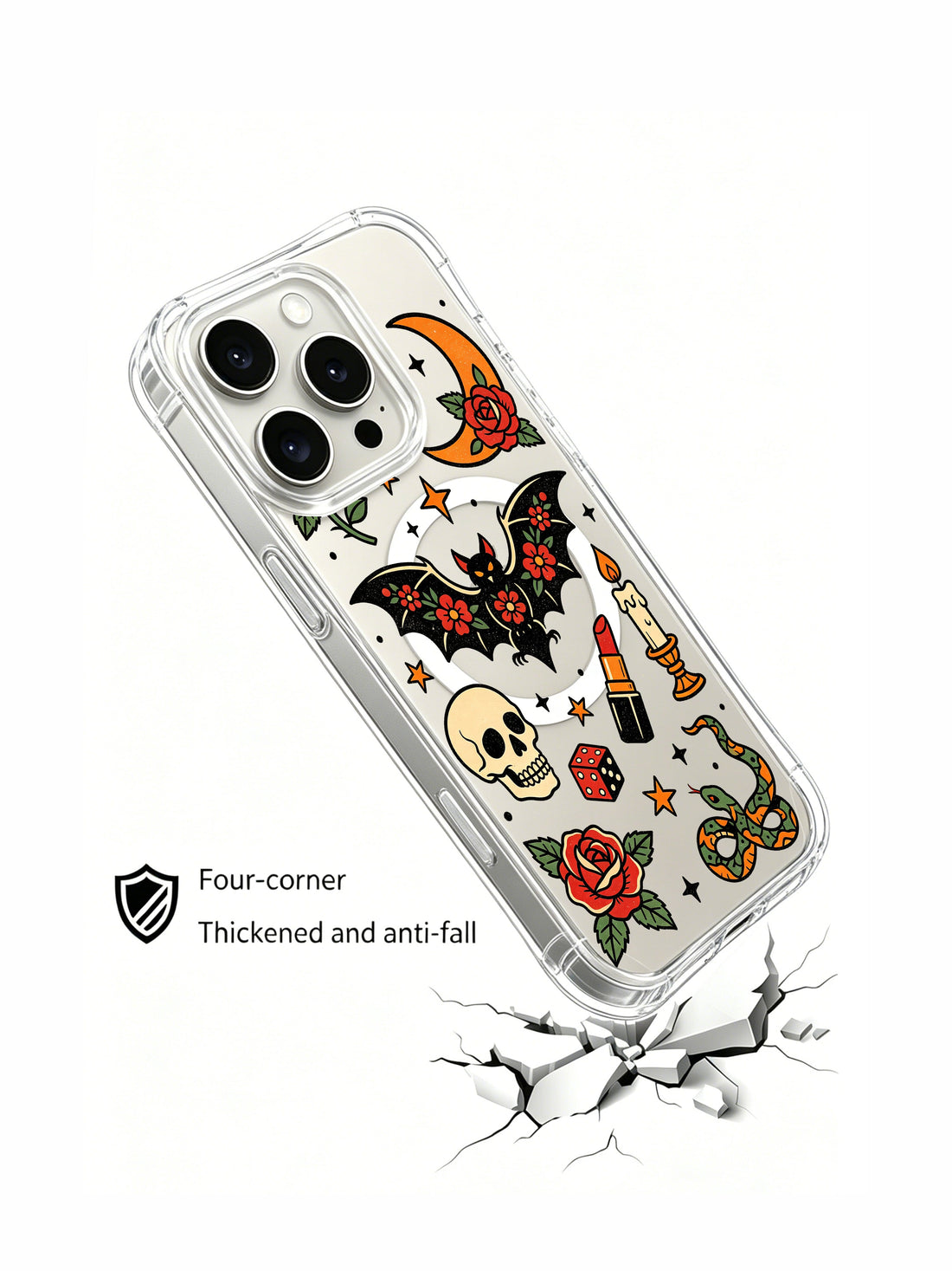 Unique iPhone 15 Pro Case gift with gothic bat rose art