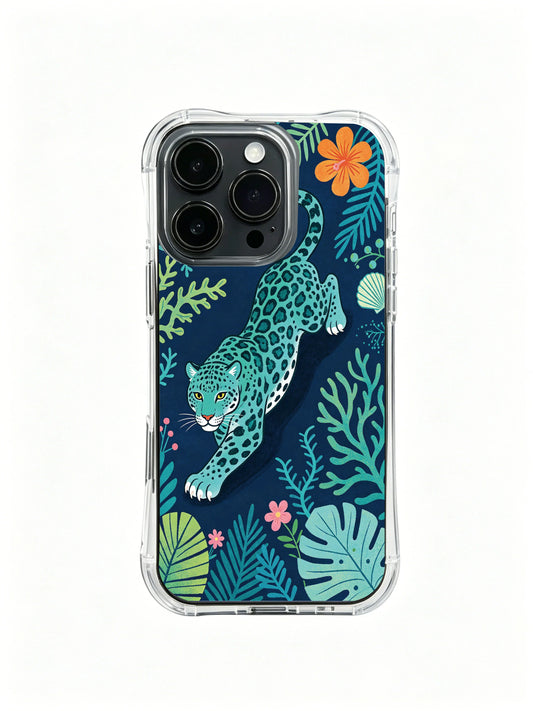 Blue jaguar iPhone 13 Pro Case with coastal sea art and navy leaves