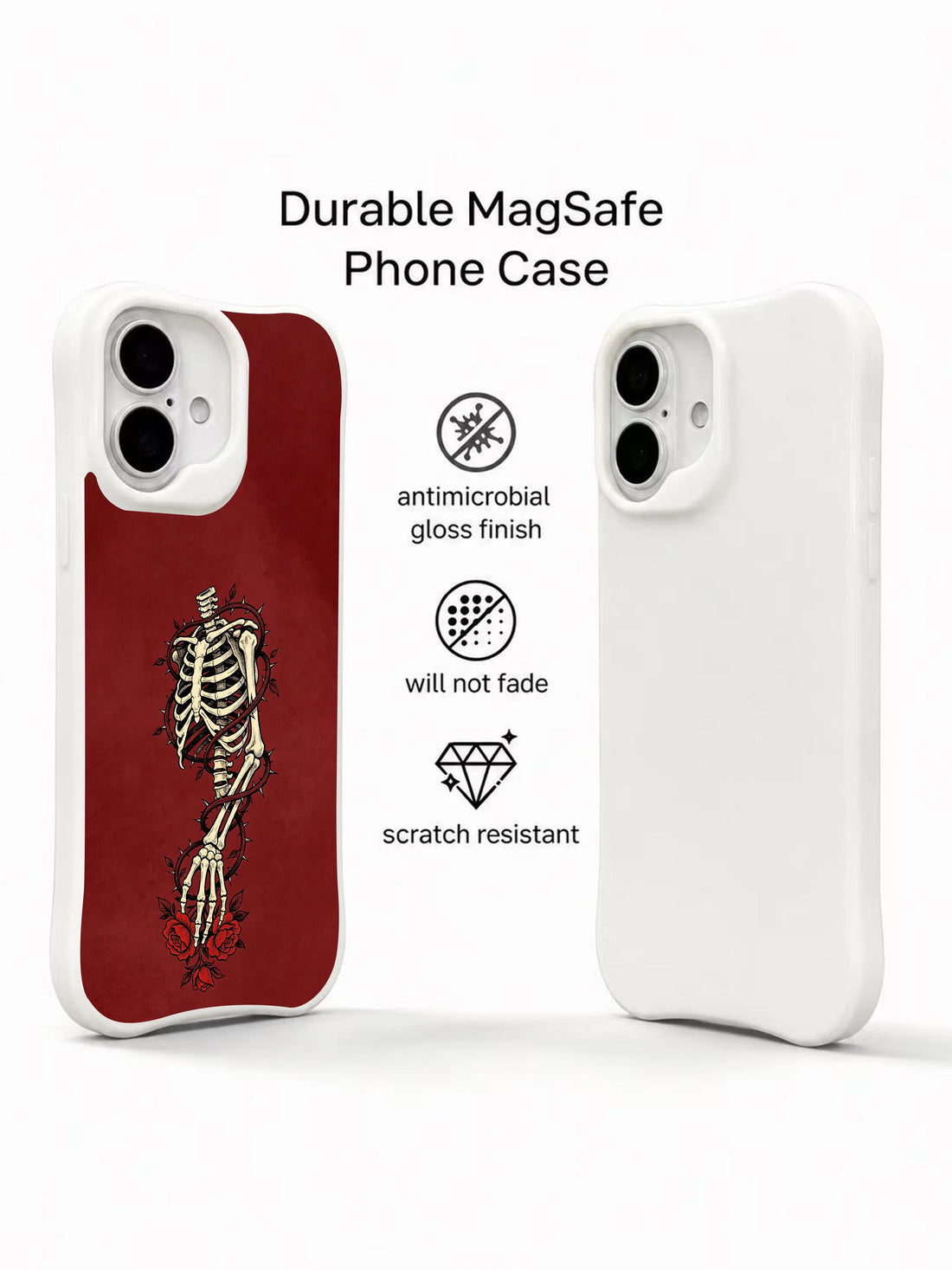 Dark Floral Skeleton iPhone 16 Case with Rose Artwork