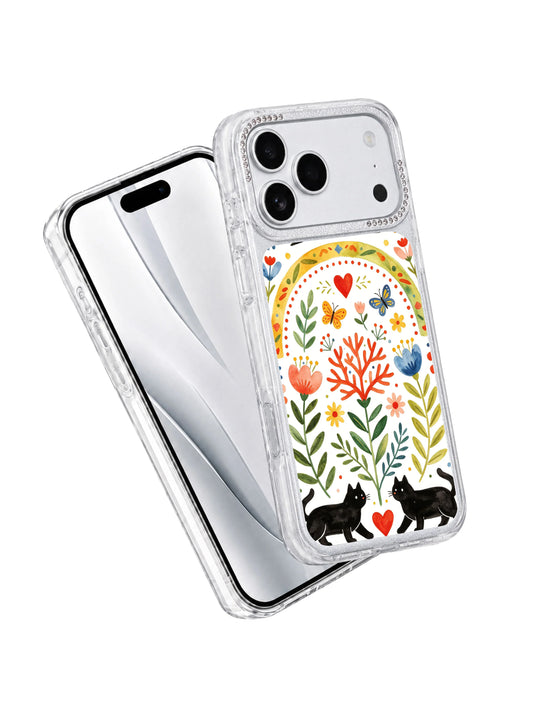 Swallow rainbow arch iPhone 17 Pro Case with paired birds, heart details, and romantic garden wildlife art