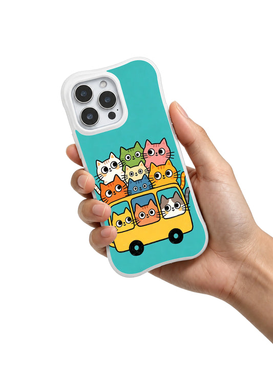 Joy iPhone 16 Pro Max Case with playful cat travel art and colorful bus