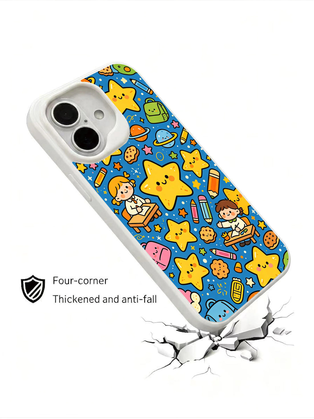 Playful galaxy iPhone 16 Plus Case with star kindergarten doodle design