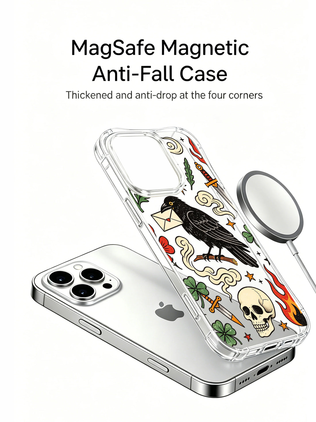 Celestial raven iPhone 15 Pro Case with moon, smoke, flame and skull details
