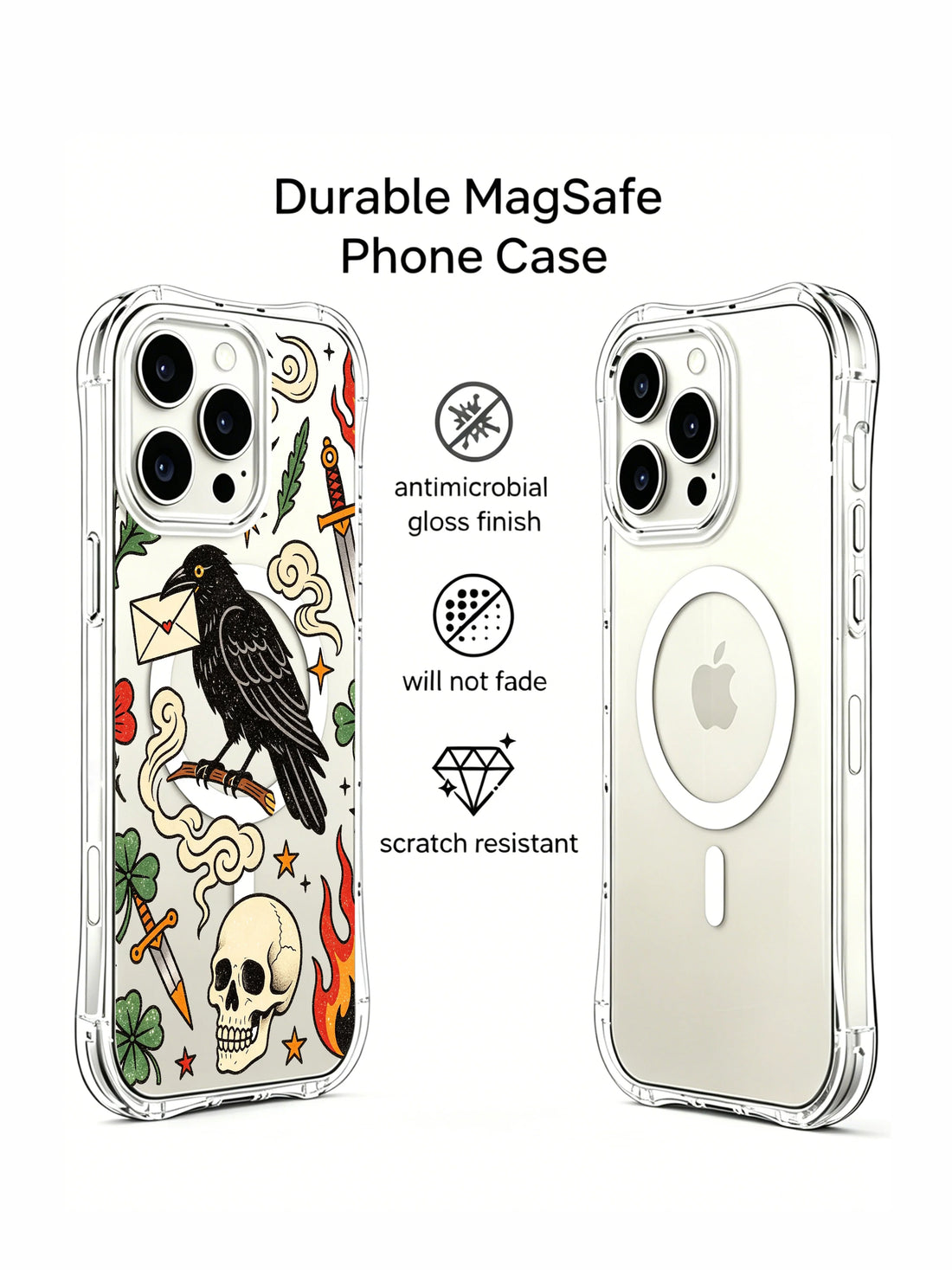 Old school tattoo iPhone 15 Pro Case with raven, heart envelope, clover and dagger