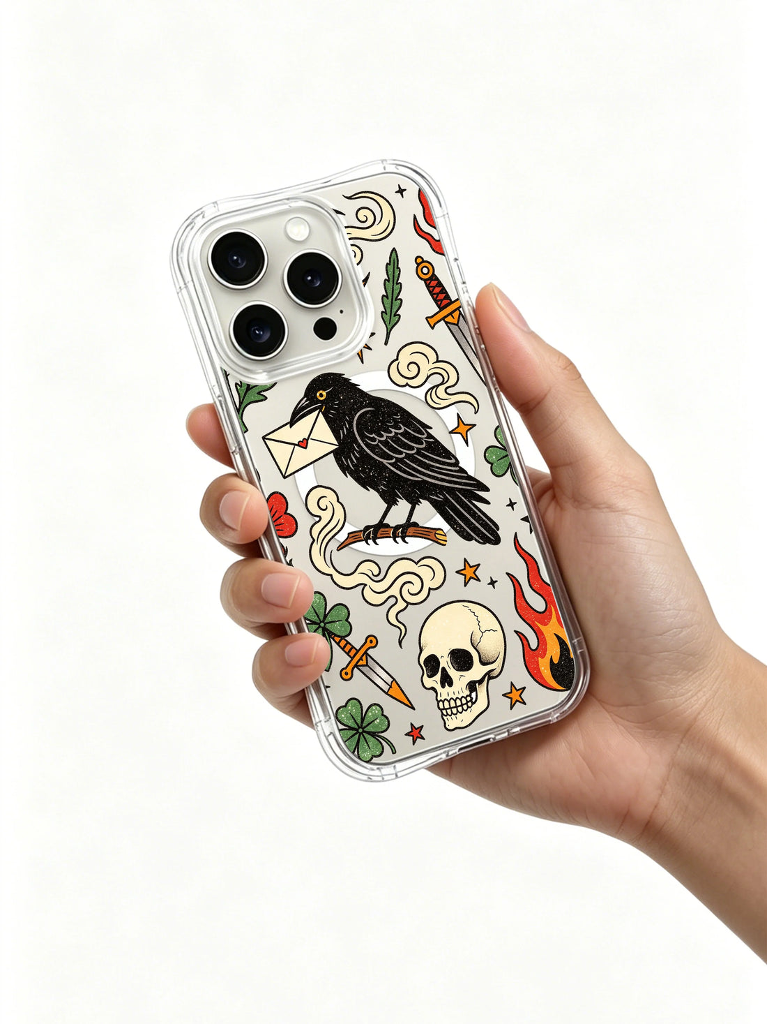 Unique raven messenger iPhone 15 Pro Case with envelope, skulls and vintage blade