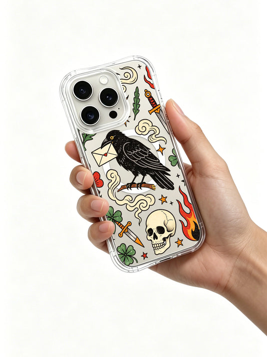 Unique raven messenger iPhone 15 Pro Case with envelope, skulls and vintage blade