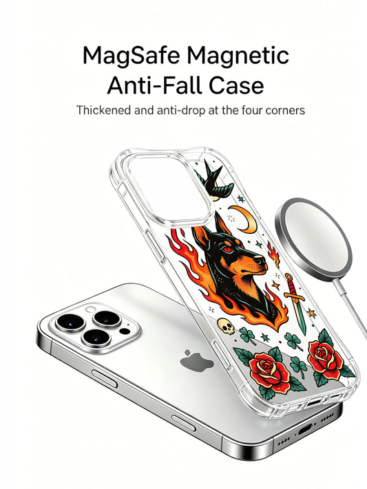 Red rose doberman talisman iPhone 15 Pro Case with floral tattoo art and loyal guardian mood