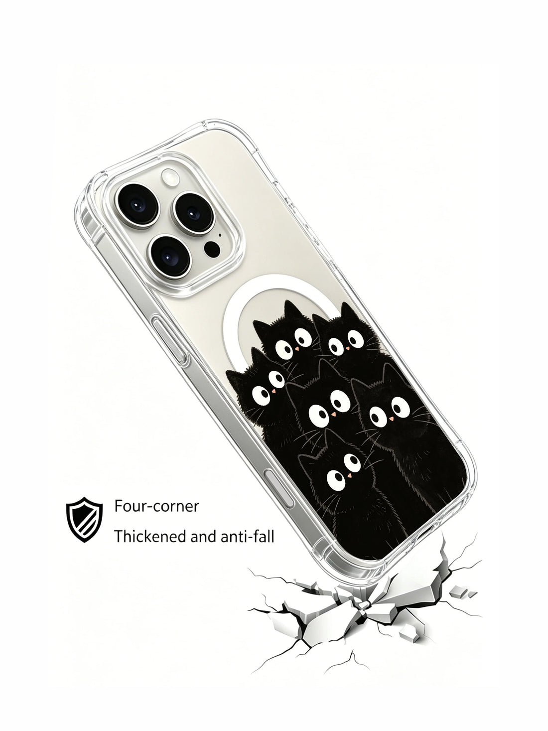 Round black cat troupe iPhone 16 Pro Max Case with minimalist whimsical cat illustration