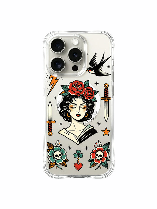 Clear MagSafe iPhone 15 Pro Case - Vintage Old School Tattoo Clear PhoneCasing for iPhone 15 Pro case