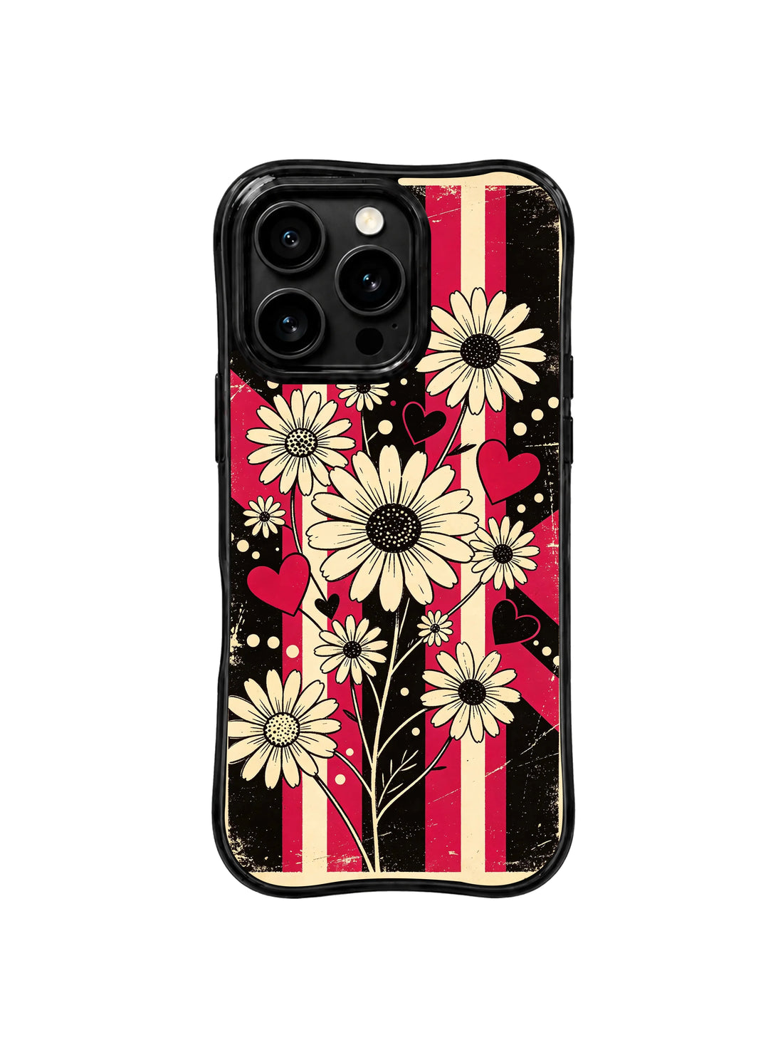 Black Cherry Daisy Beat iPhone 16 Pro Case with wavy black frame, cherry red stripes, cream daisies, hearts, and retro rock art