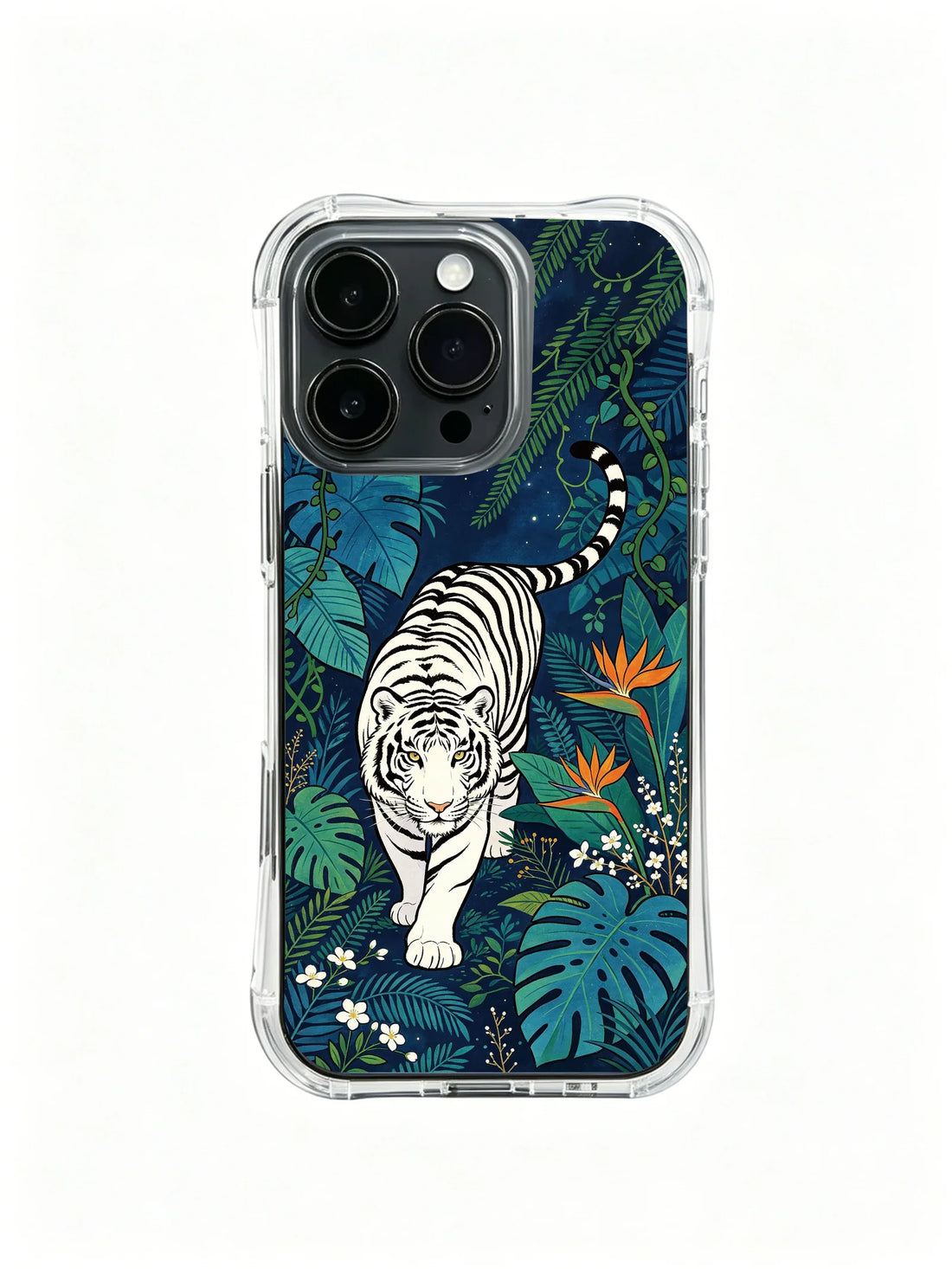 White tiger in a deep blue tropical jungle artwork on an iPhone 13 Pro case