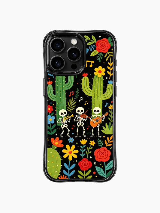 Skeleton Band Desert Garden artwork on an iPhone 16 Pro Max case