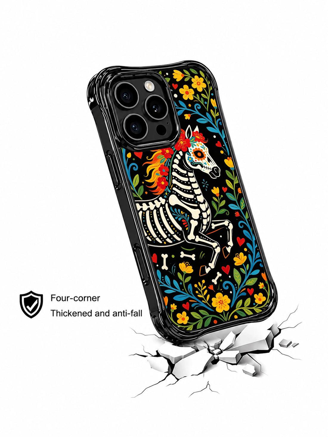 Skeleton horse sugar skull iPhone 16 Pro Max Case with gothic floral border