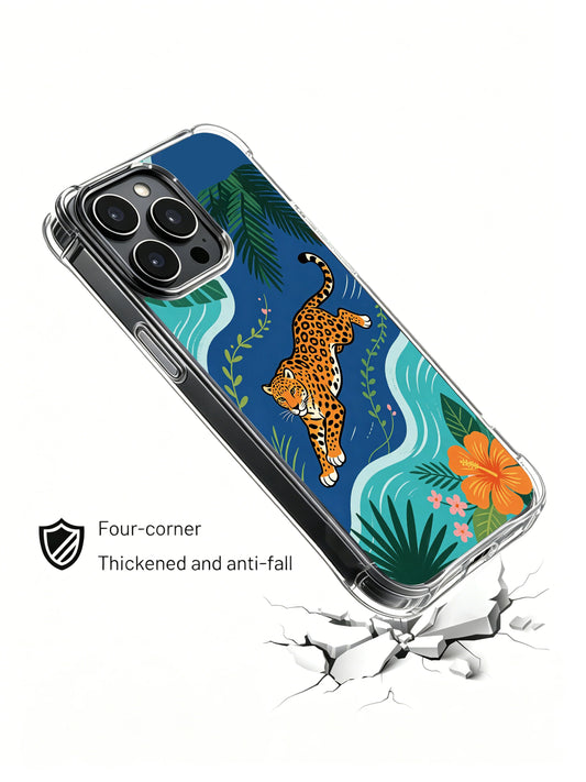 Coastal iPhone 13 Pro Case with hibiscus jungle art and orange jaguar