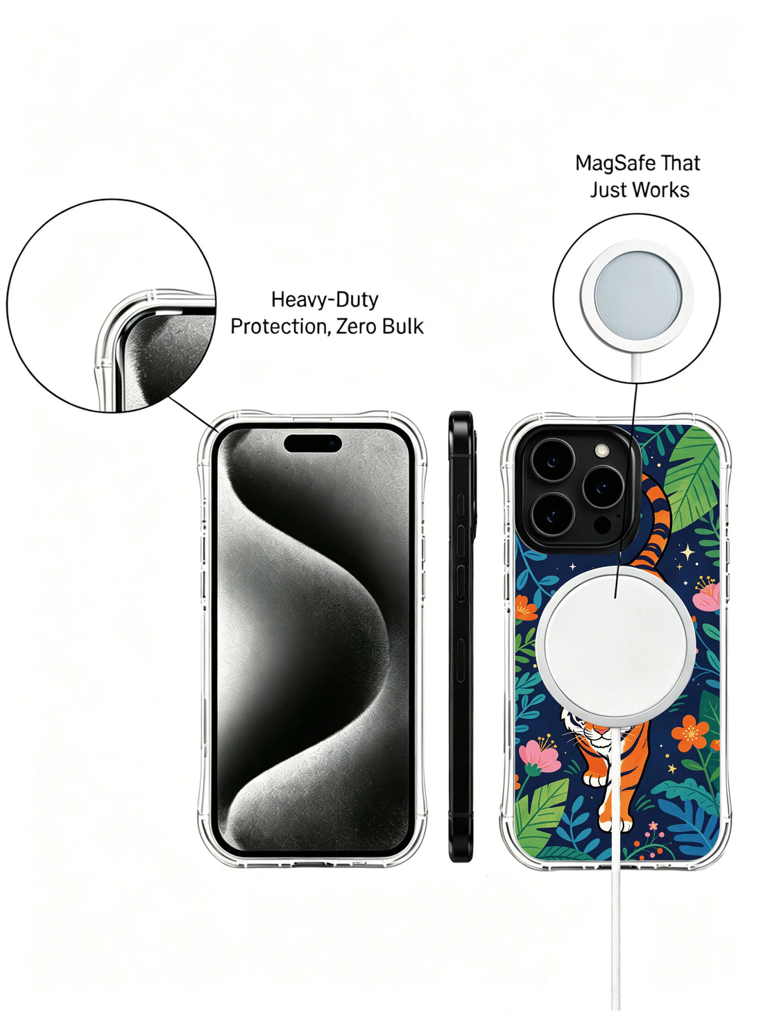 Freedom iPhone 13 Pro Case with starry tiger art and tropical blooms