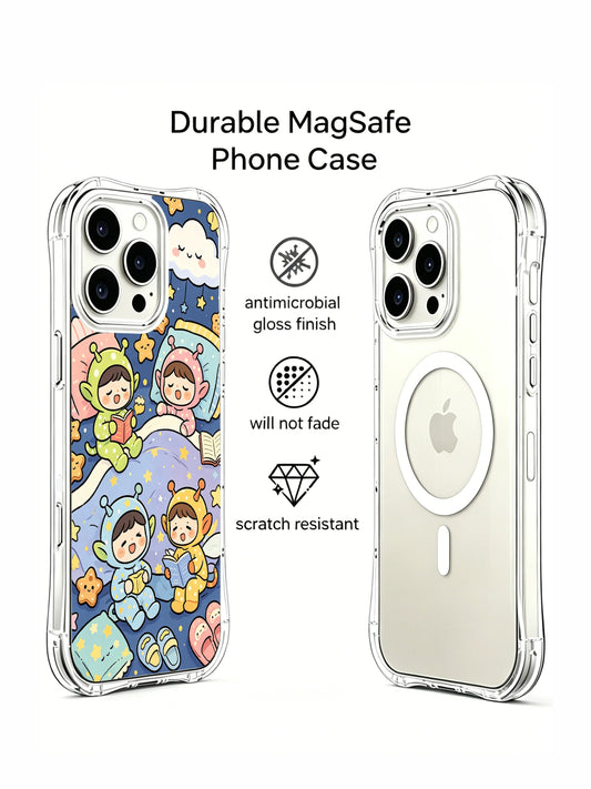 Starry pajama adventure iPhone 16 Pro Case with playful alien friends and cozy night details