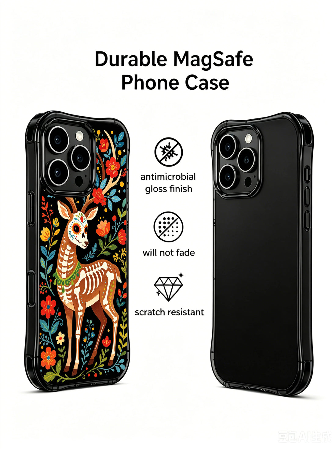 Sugar skull deer iPhone 16 Pro Max Case with green bead artwork