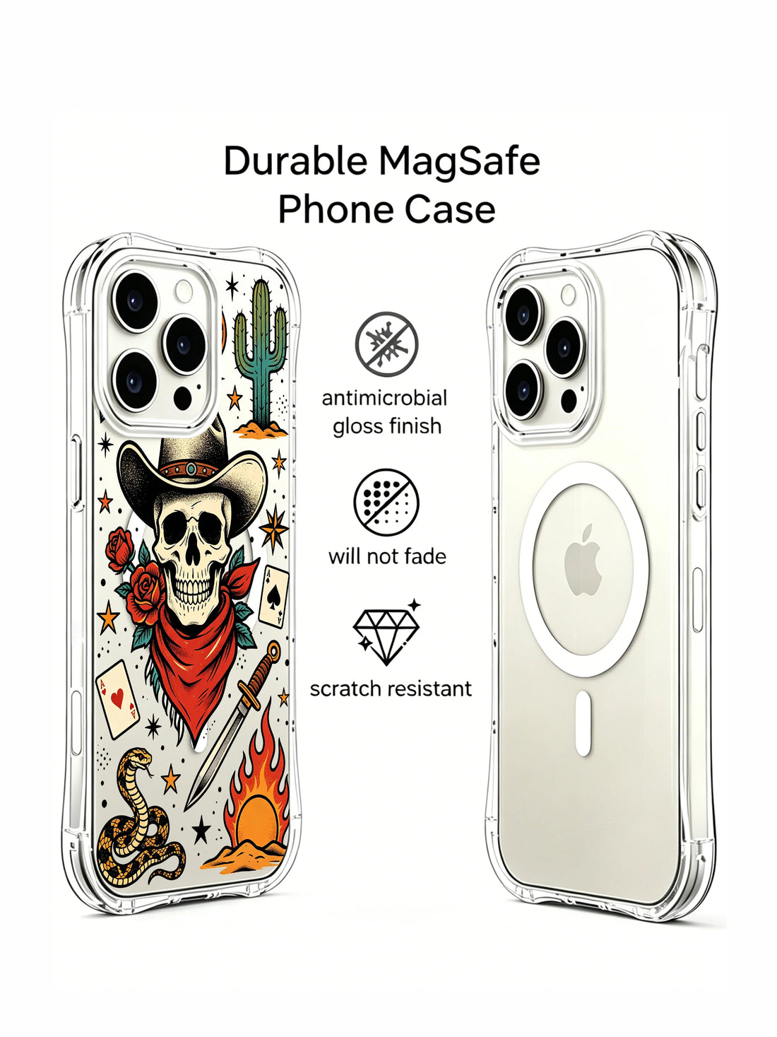 Cowboy skull iPhone 15 Pro Case with rose and card artwork