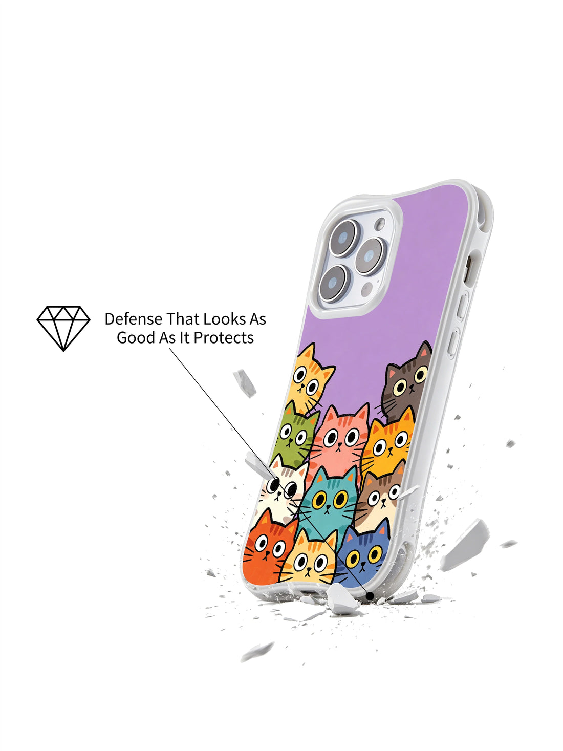 Purple iPhone 16 Pro Max Case with theatrical cat art and colorful faces