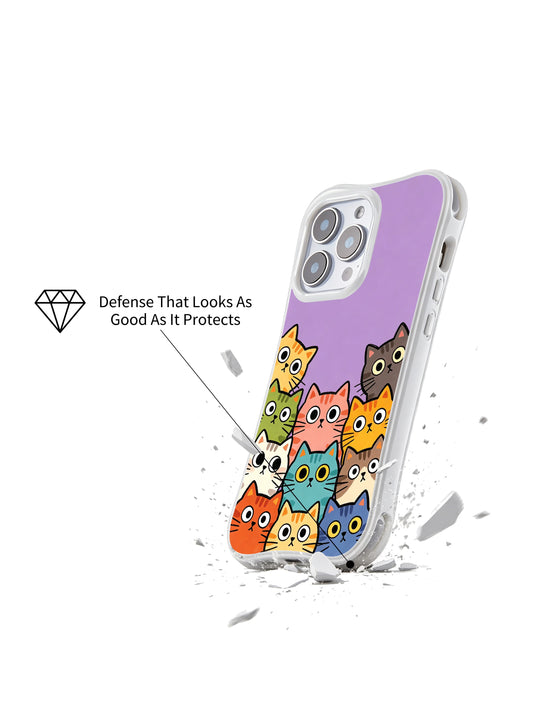 Purple iPhone 16 Pro Max Case with theatrical cat art and colorful faces