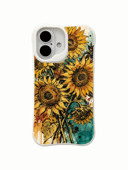 Clear iPhone 16 case with layered golden-yellow sunflowers, dark brown centers, and teal-green leaves