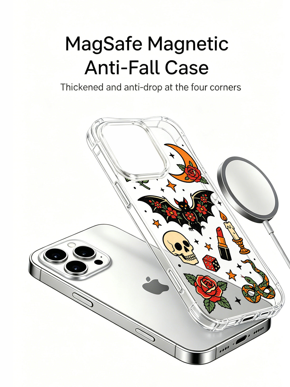 Floral bat iPhone 15 Pro Case with rose skull details