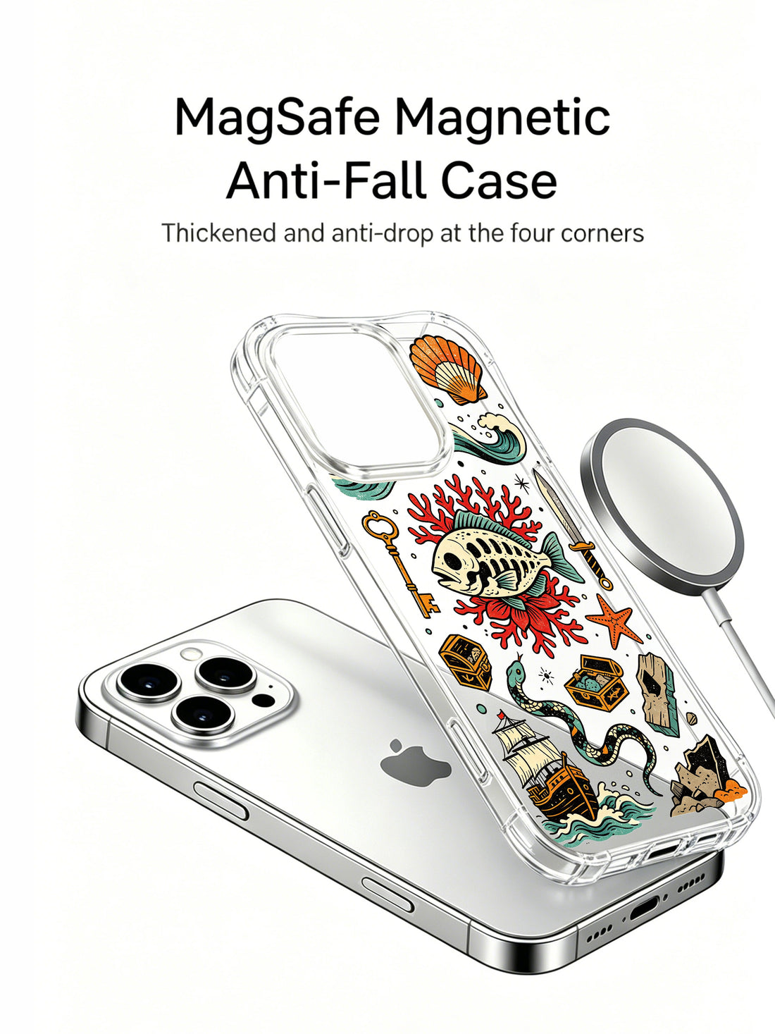 Nautical old school iPhone 15 Pro Case with shell and wave artwork