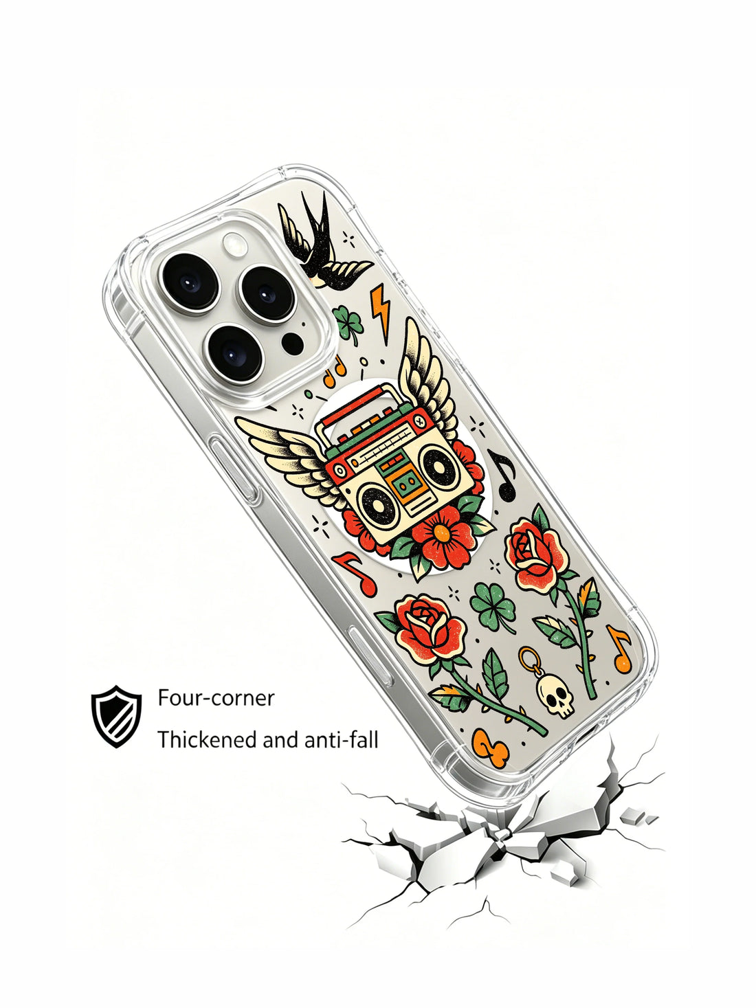 Boombox Art iPhone 15 Pro Case With Rose and Clover Details