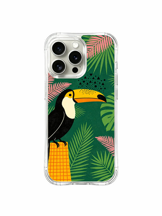 Clear iPhone 15 Pro Max case with a black-and-yellow toucan, layered green tropical leaves, coral fronds, and an orange grid