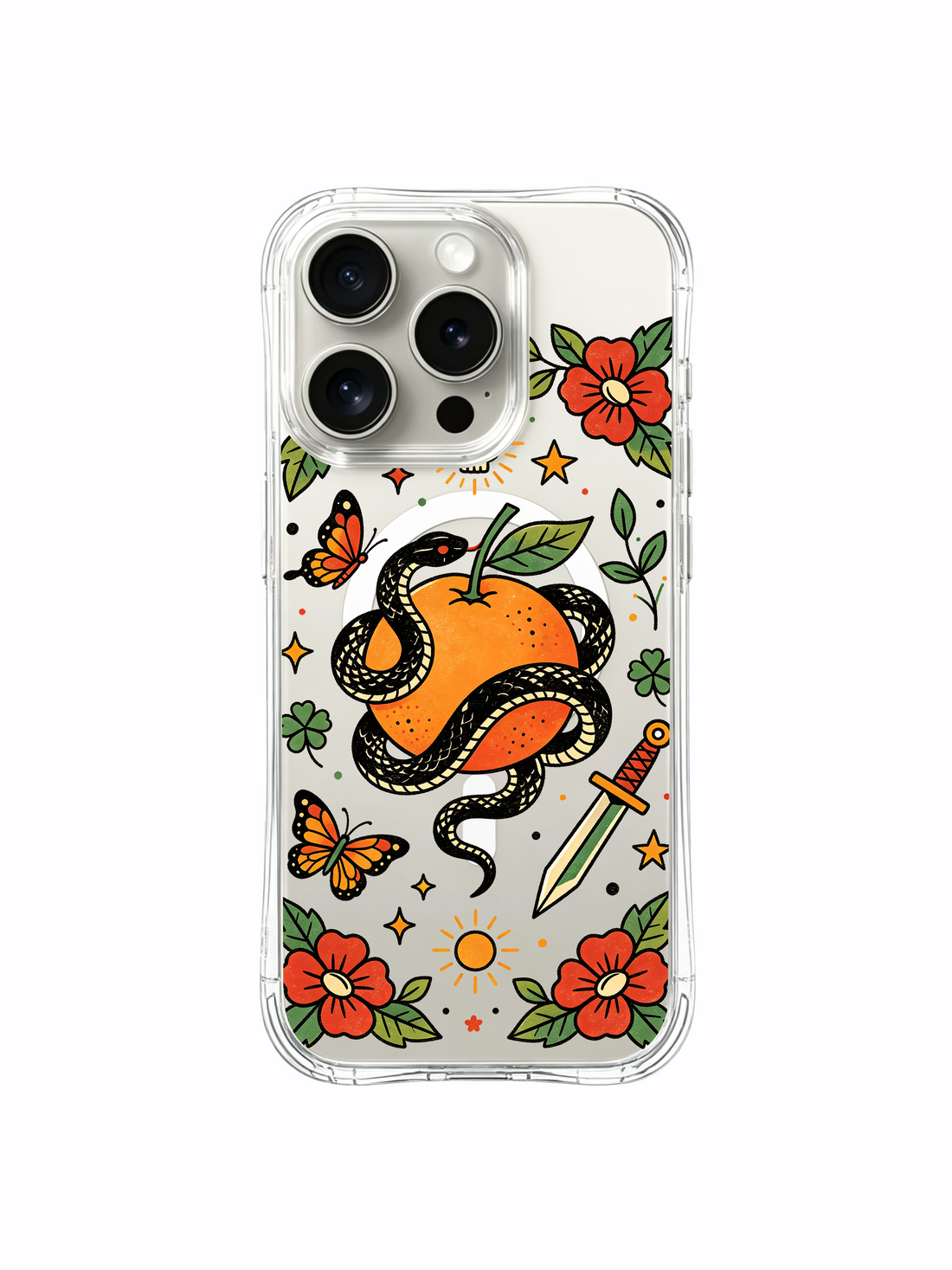 Skull and orange snake iPhone 15 Pro Case with wild garden clover art