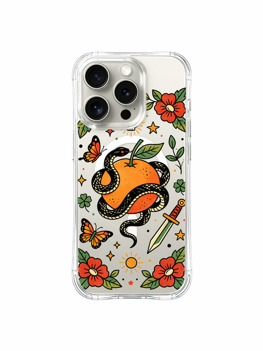 Skull and orange snake iPhone 15 Pro Case with wild garden clover art