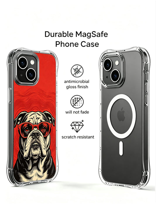 Rock bulldog iPhone 13 Case with vintage woodcut red wave art