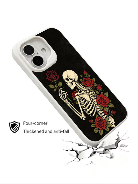 Vow amid darkness iPhone 16 Case with gothic skeleton and red garden roses