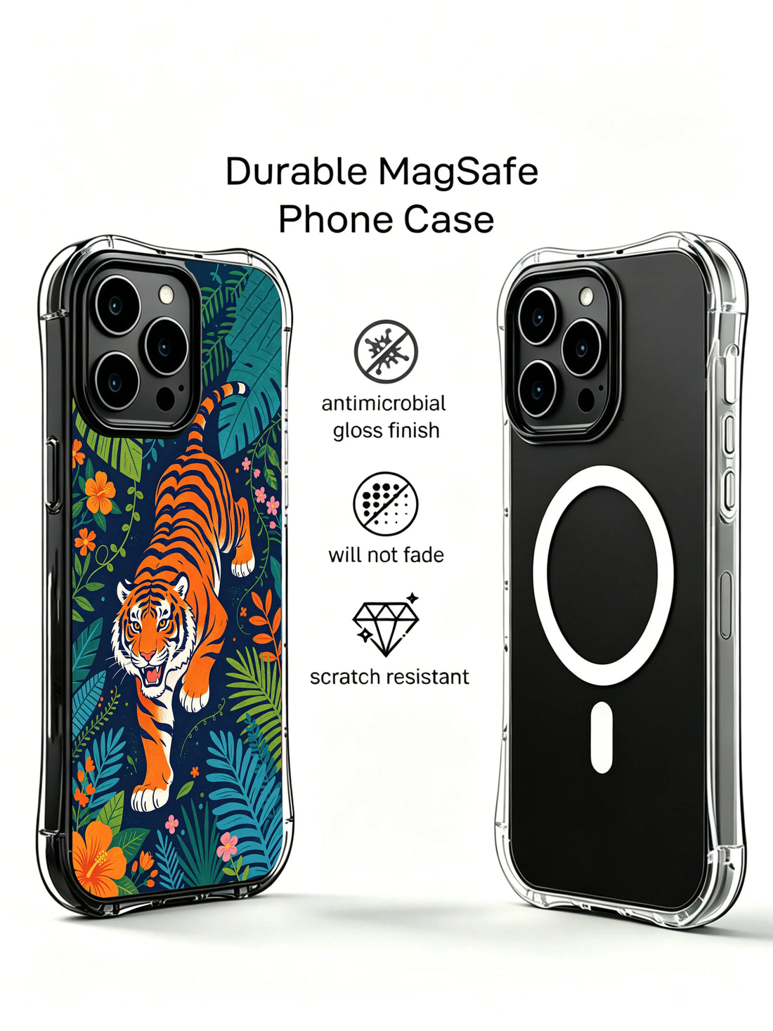 Dark floral iPhone 13 Pro Case with orange tiger art and navy jungle leaves